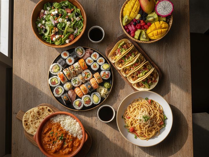 Overhead spread of diverse world cuisines - sushi, tacos, pasta, curry and salads - on a wooden table
