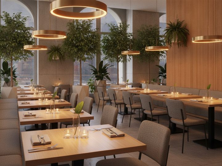 Cozy warmly lit restaurant interior with set tables ready for guests